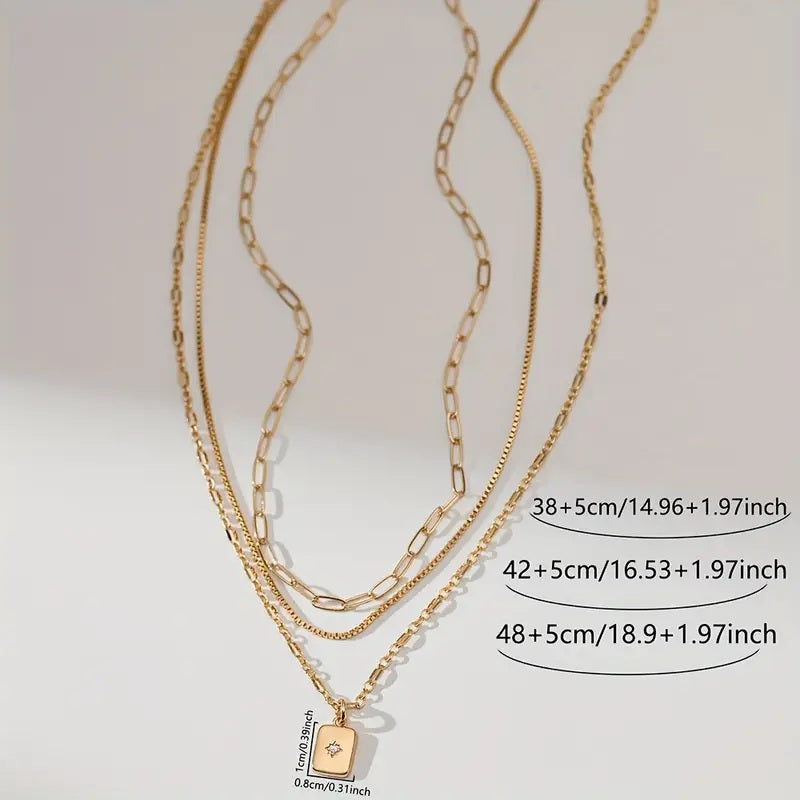 3-teiliges Vintage Halsketten-Set – Goldfarbene Büroklammer-Kette mit Funkelndem Zirkonia-Rechteckanhänger – Eleganter Schmuck für Damen -