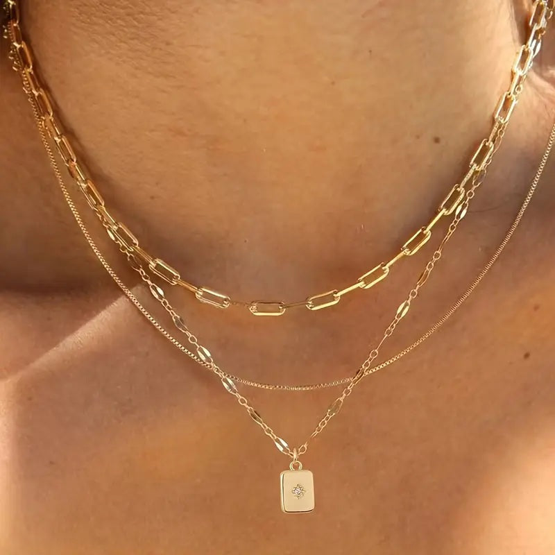 3-teiliges Vintage Halsketten-Set – Goldfarbene Büroklammer-Kette mit Funkelndem Zirkonia-Rechteckanhänger – Eleganter Schmuck für Damen -